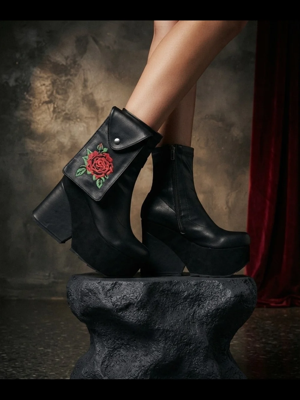Black Platform Ankle Boots with Removable Ankle Purse Red Rose Embroidery